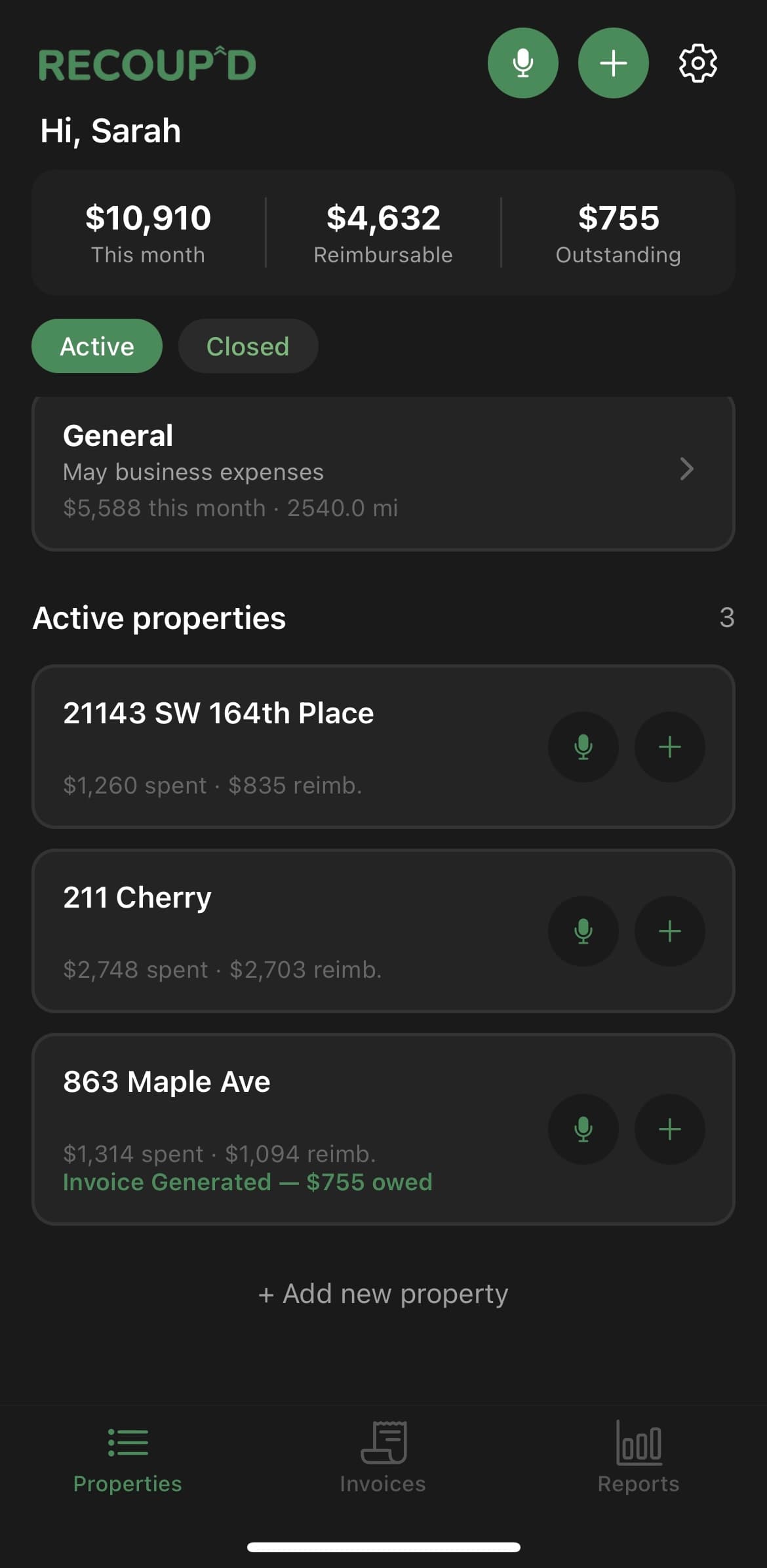 Home screen — active listings